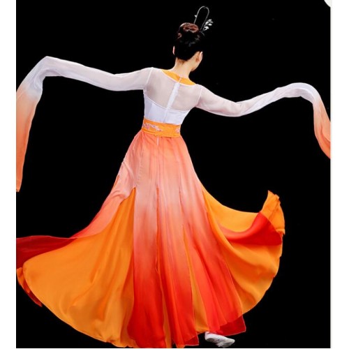 Orange white blue gradient waterfall sleeves fairy Chinese classical folk dance dress for women girls traditional ancient tang han dynasty hanfu folk dance costumes for female